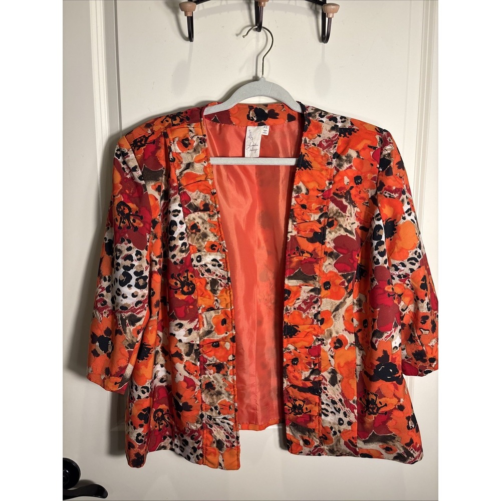 LAVENDER & HONEY Ruffle Blazer Orange Leopard 3/4 Sleeve Open Jacket Women's XL